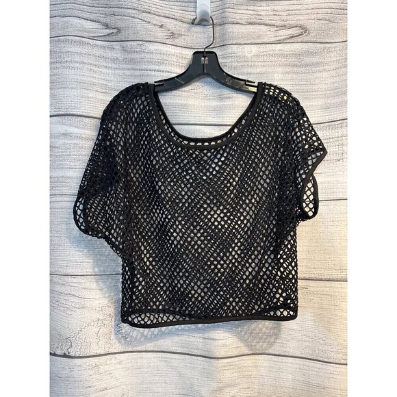 Black Open-Weave Mesh Short Sleeve Cropped Top OS - Picture 2 of 2